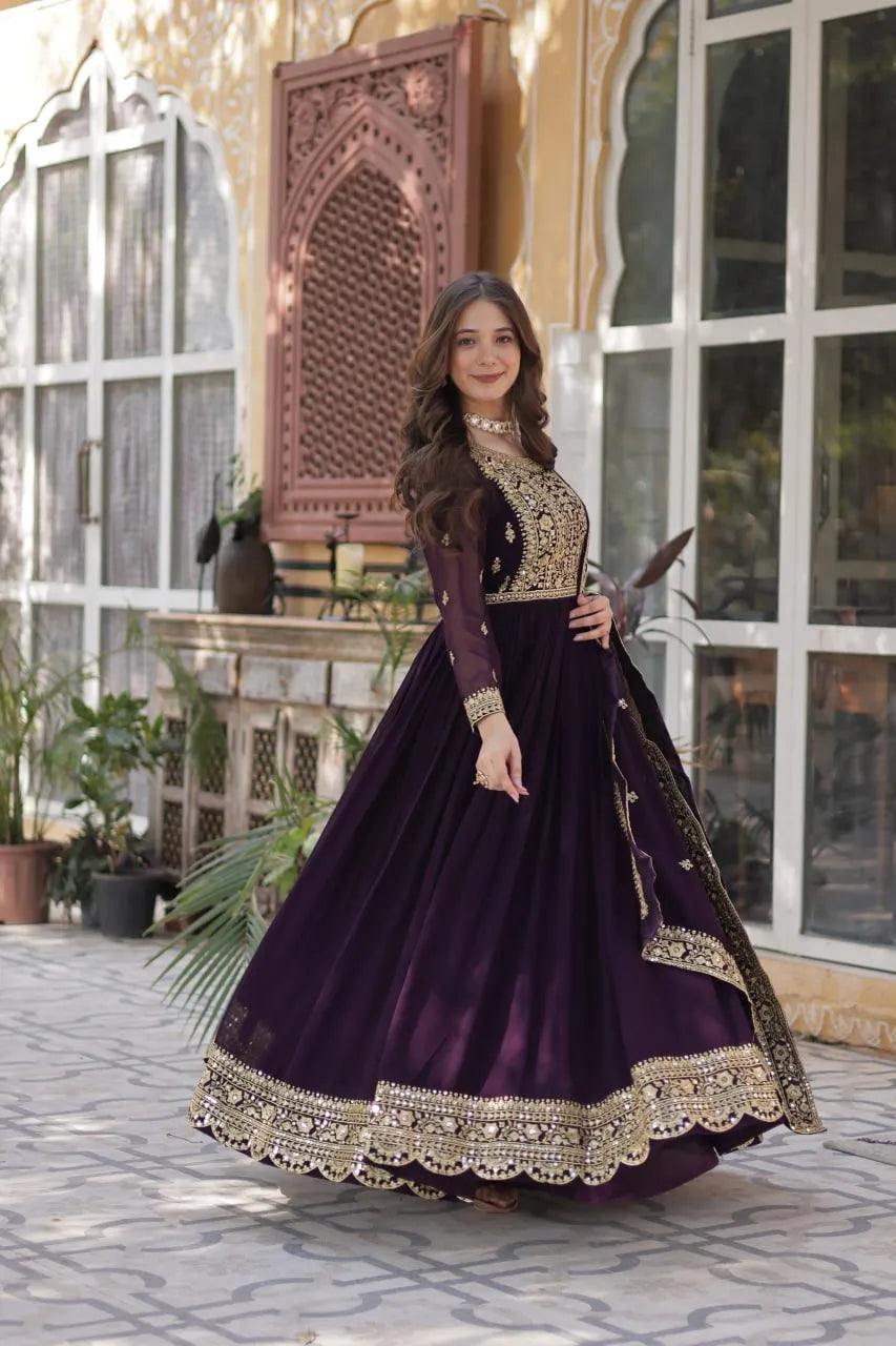 Women's Luxurious Plum Velvet Anarkali Gown with Heavy Gold Zari & Sequin Embroidery – Perfect for Weddings & Grand Festivities - Navy Blue, XXL (44)